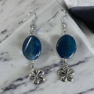 Blue Crackle Quartz and Silver Flower Drop Earrings